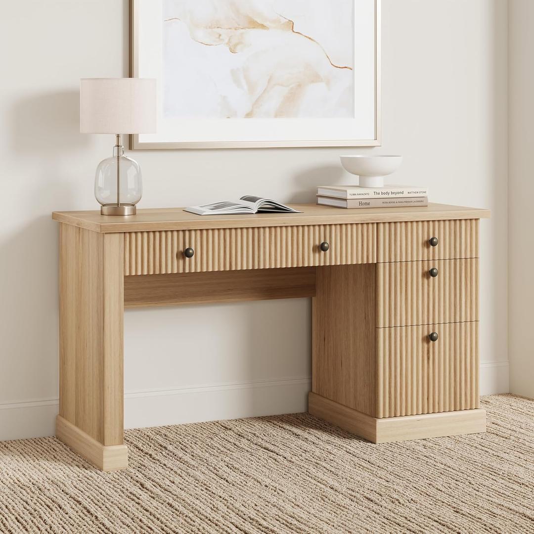 GAOMON 54'' Fluted Home Office Desk with Storage, Modern Executive Desk with Charging Station, Wooden Computer Desk with Drawers for Storage File, Writing Desk for Study, Bedroom (Natural)