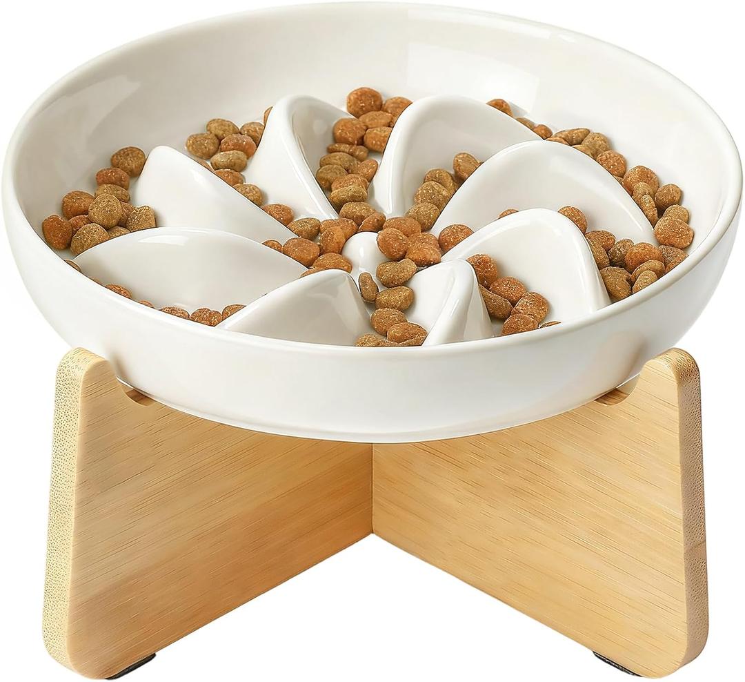 PETTOM Slow Feeder Cat Bowl with Stand, Ceramic Slow Eating Cat Bowl with Higher Edges Elevated Cats Food Bowls for Dry and Wet Food Anti-Vomiting Puzzle Feeder for Healthy Eating Diet (Milky White)
