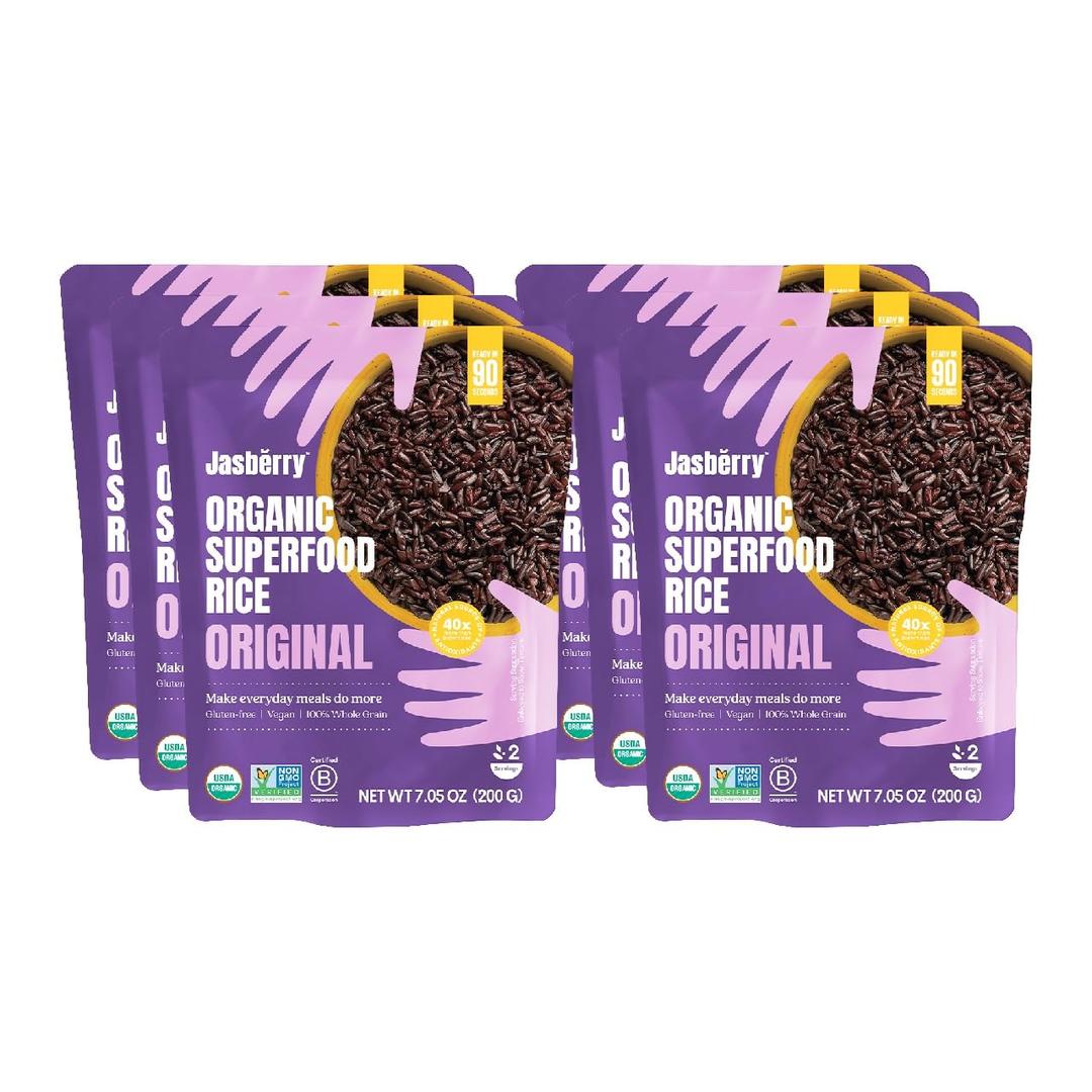 Jasberry Organic Rice - Superfood Rice with High Antioxidants, Ready to Eat or Heat, Non-GMO, Gluten-Free, USDA Certified Organic, Vegan, (7oz, 6-Pack) (Original), BB Date: 12/19/2026