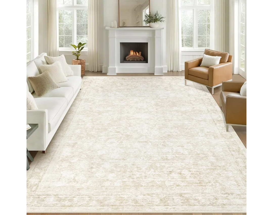 8x10 Area Rugs for Living Room: Washable Large Vintage Floral Rug Low Pile Non-Slip Boho Carpet for Bedroom Dining Home Office (Beige, 8'x10')