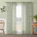 Olive Floral Linen Curtains for Living Dining Room 86 Inch Length 2 Panels Green Poppy Botanical Flower Pattern Printed Curtains Back Tab Semi Sheer Farmhouse Decor French Country Drape for Bedroom