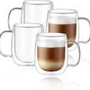 CNGLASS Glass Coffee Mugs 12oz,Double Wall Insulated Mug Set with Handle,Clear Glass Espresso Mugs for Latte,Cappuccino,Tea Bag,Hot and Cold Beverages,Set of 4