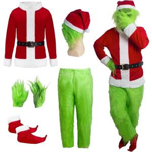 DJKFAEK Green Monster Santa Claus Costumes for Men,Christmas Furry Santa Claus Costume Include Mask for Halloween Cosplay (L)