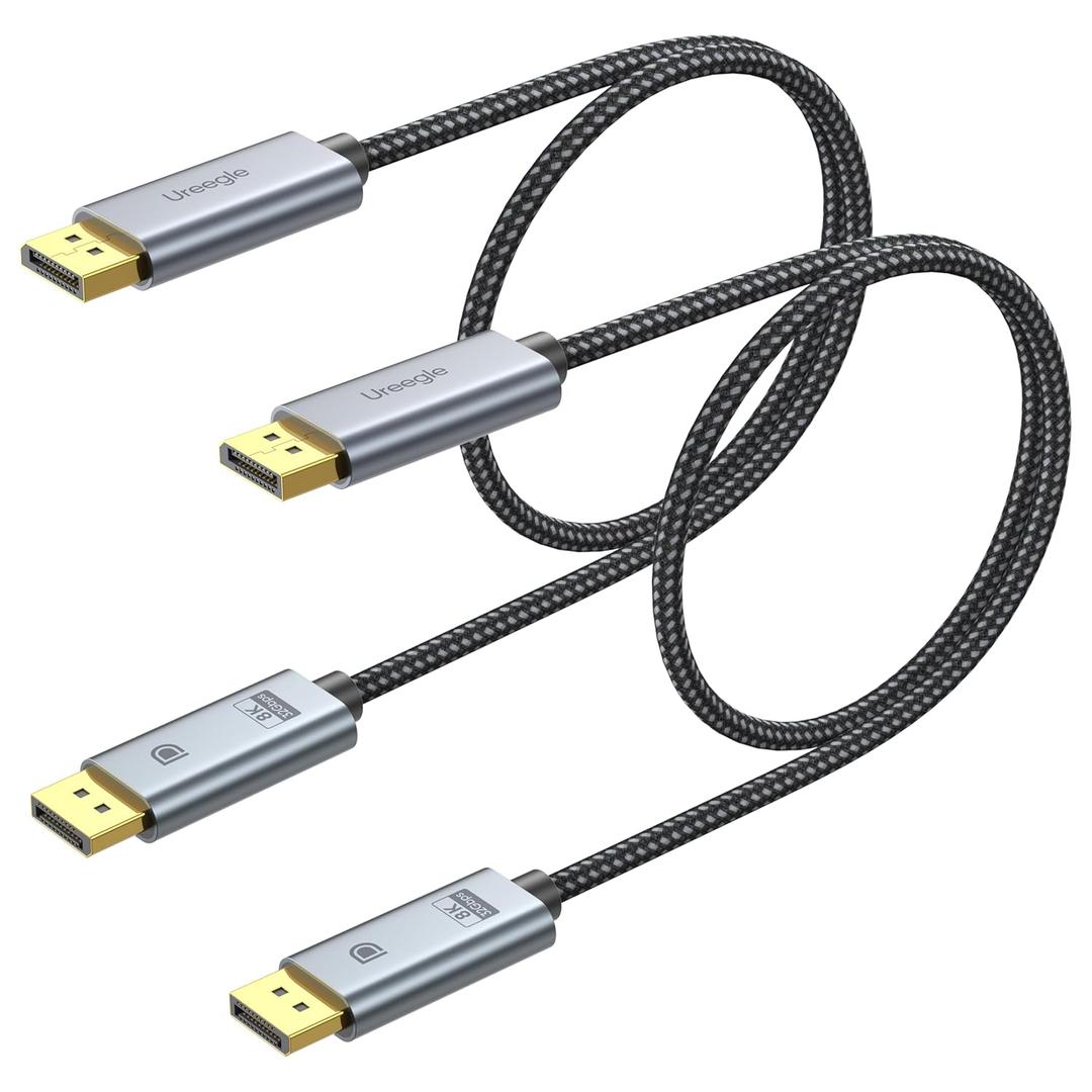 8K Displayport Cable 1.4: 1.5ft 2 Pack Gold-Plated Short DP Cord (8K@60Hz, 4K@144Hz, 32.4Gbps) HDR, DP to DP Cables Compatible with Gaming PC, Laptops, Monitor, Computer, Projector