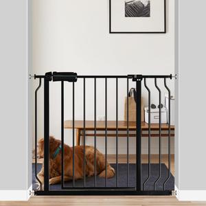 Fairy Baby Walk Through Black Baby Gate 34-38.5 Inch Wide, Pressure Mounted Safety Gate with Door No Drill, Tension Metal Gate for Dog and Toddler