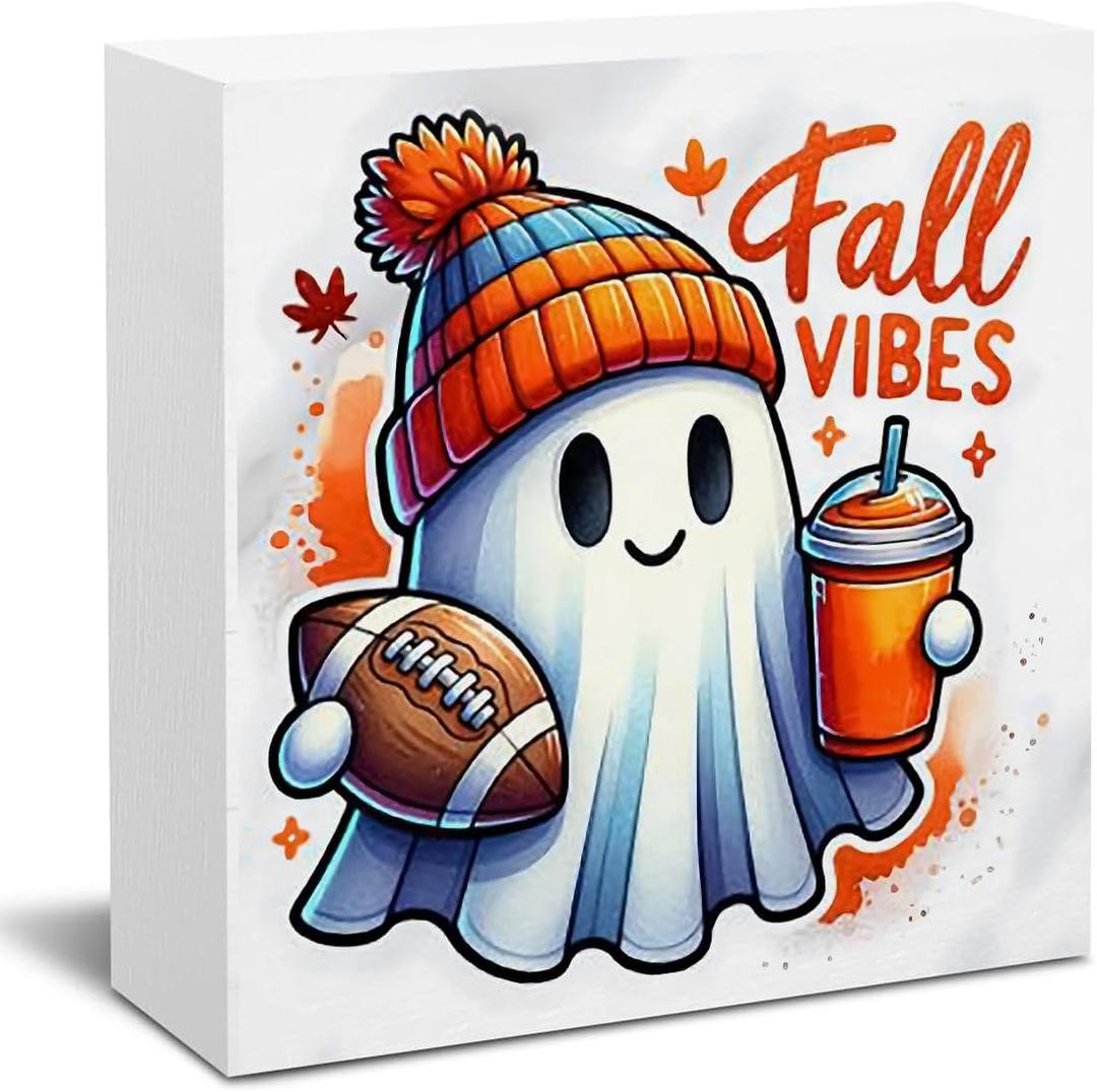 2 x Fall Sign Decor Decorations for Home Coffee Bar Hot Cocoa Sign Autumn Halloween Ghost Decor Decorations for Home Office Kitchen 5 X 5 Inch