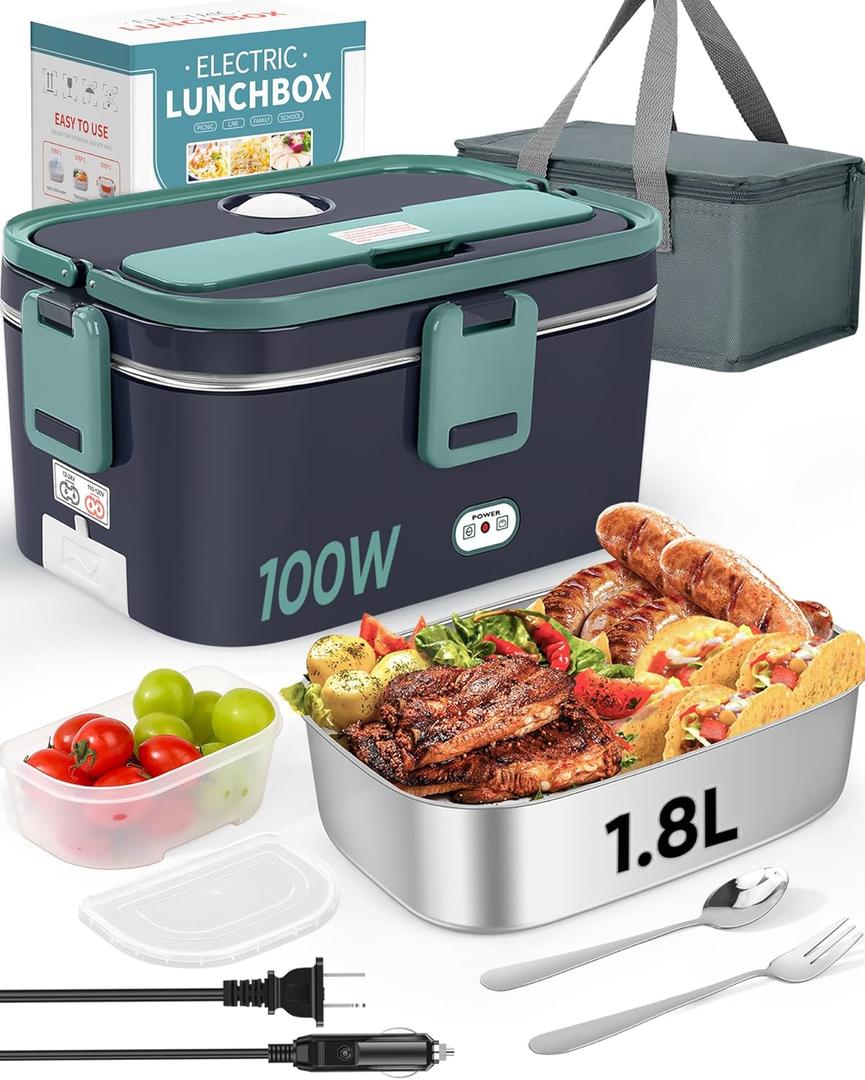 Eocolz Electric Lunch Box Food Heater Warmer 100W, 1.8L Portable Heated Lunch Box for Car Truck Work with Stainless Steel Container Fork & Spoon 12/24/110V Lonchera Elctrica
