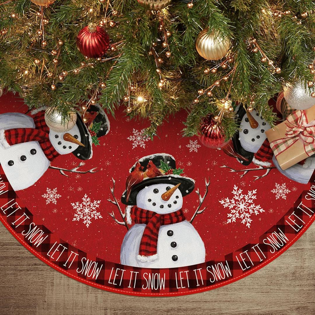 AVOIN colorlife Let It Snow Snowman Christmas Tree Skirt, Xmas Winter Holiday Party Tree Mat Indoor Outdoor Decoration 48 Inch (Red)