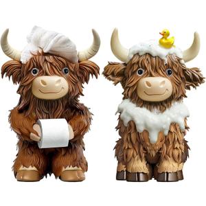 2 Pcs Highland Cow Bathroom Figurines Bathroom Theme Highland Cow Christmas Gnomes Bath Resin Statue Calf Gifts for Christmas Farmhouse Home Garden Kitchen Office Tiered Tray Table Decor