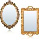 2 Pcs Vintage Decorative Gold Mirror Set Including 12. 6" x 9. 1" Oval Wall Mirror 15. 4" x 9. 7" Square Antique Tabletop Makeup Mirror for Bedrooms Living Room Dresser Decorations