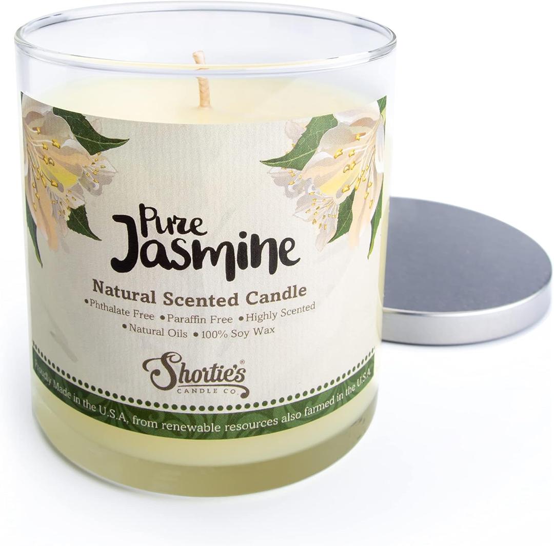 Pure Jasmine Scented Natural Soy Candle, Essential Fragrance Oils, 100% Soy, Phthalate & Paraben Free, Clean Burning, 9 Oz.
