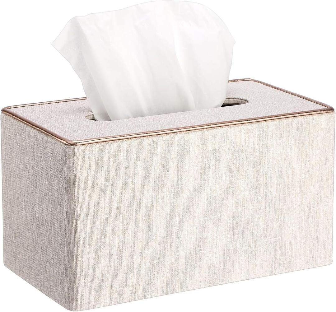 Sumnacon Rectangular Linen Tissue Box Cover - Stylish Tissue Box Holder with Magnetic Bottom, Decorative Tissue Box for Bathroom Toilet Vanity Night Stand Table Countertop Office, Beige Linen Texture (Large, Beige With Rose Gold Trim)