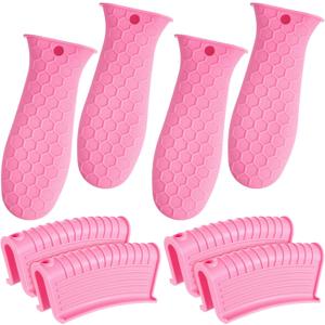 Patelai 8 Pcs Silicone Pot Holders Cast Iron Handle Cover Heat Resistant Pot Handle Covers Potholder Non Slip Reusable Pan Sleeve for Frying Pan Kitchen Supplies(Pink)