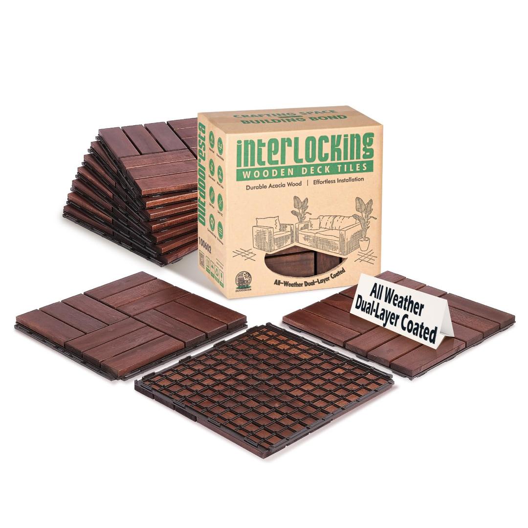 Patio Flooring Outdoor Waterproof - Balcony Flooring 12x12 - Pack of 10 Snap-Together Interlocking Patio Floor Tiles, Waterproof Outdoor Tiles for Pool, Patio Tiles Outdoor Interlocking All Weather (Mosaic Pattern, Walnut Brown)