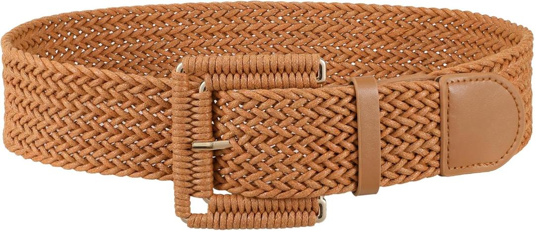 JASGOOD Women Wide Woven Belt for Dresses Rattan Waist Belt Braided Boho Belt with Square Buckle, Size: Fit Waist Size 38-42inch