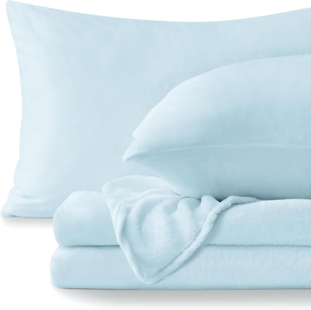 BEDELITE Flannel Sheets Queen Size Blue - Super Soft Fleece Sheets Set Fluffy Extra Plush, 4 Piece(Include Fitted Sheet, Flat Sheet, 2 Pillowcases)