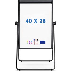 Portable White Board Easel, 40 x 28 inches Dry Erase Board with Stand, Height Adjustable Magnetic Double Sided, Flip Chart Easel for Classroom, Presentation, Painting, Black