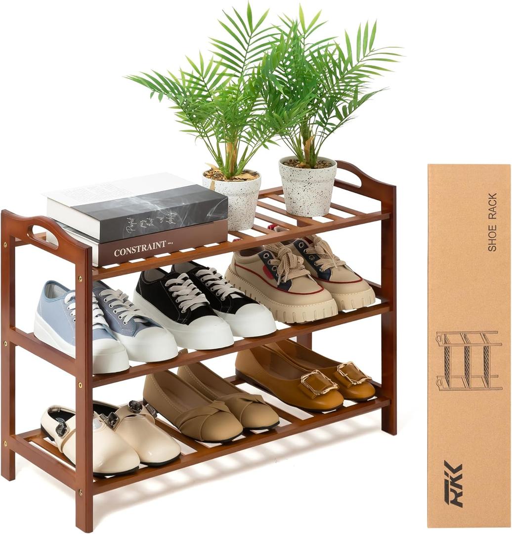 Shoe Rack for Front Foor Entrance, Bamboo Shoe Rack for Closet Shoe Organizer Closet Organizers and Storage Shelves (Brown, 3 Tier)