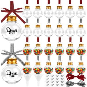 32 Pack Fillable Christmas Balls, Christmas Tree Hanging Ornaments Clear Plastic Water Bottle Bulbs Pendant Ball with Plaid Ribbon and Stickers for Xmas Home Party Decor (Big Bulbs)