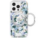 FEWGEY for iPhone 15 Pro Case with MagSafe Stand Ring for Women, Cute Spring Floral Design with 360° Kickstand Holder Magnetic Shock Proof Heavy-Duty Protection Blue Flower