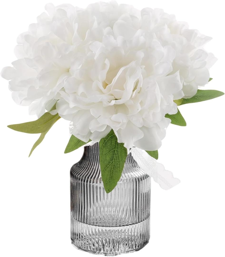Fake Flowers in Vase,11" Small Full Silk Hydrangea Artificial Flowers Arrangment for Bathroom Bedroom Office Desk Decor White Faux Flower Decor (White in Black Vase)