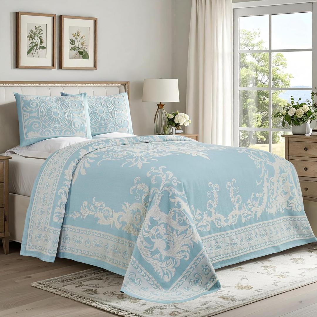 Superior Cotton Blend 3-Piece Bedspread Set, Oversized Bedspread, 2 Matching Pillow Shams, Light Weight Blanket, Jacquard Traditional Medallion Bedding Decor, Adalie Collection, King, Aqua