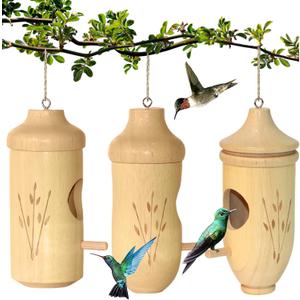 Hummingbird House - Natural Wooden Hummingbird Houses for Outside Hanging, Gardening Gifts Home Decoration 3 Packs