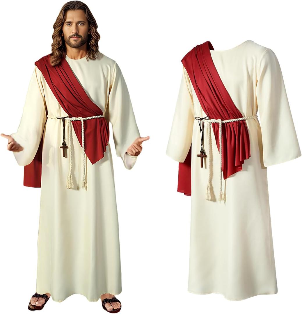 Adult Costume Mens Jesus Robe Bible Religious Christ Costume Includes Red Scarf Waist,Lanyard, a crucifix (Medium, White)