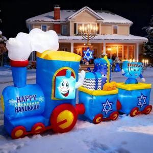 10FT Length Hanukkah Inflatable Train Menorah Outdoor Decoration, Blow Up Hanukkah Decorations Built-in 8 Led Lights for Home Garden Lawn Yard Indoor and Outdoor Decor