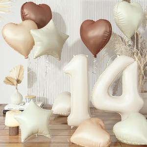14th Birthday Balloons Decor, Cream Brown Tan Helium Number 14 Balloon Heart Balloon, Neutral Beige Sand White Nude Foil Star Balloon Set for Girls Birthday Wedding Anniversary Party Boho Decoration