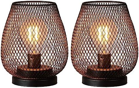 DECORKEY Set of 2 Battery Operated Lamp LED Table Lantern, Brown Metal Cage Cordless Lamps with LED Bulb，Vintage Decorative Outdoor Lantern for Weddings, Parties, Patio, Events for Indoors Shelf Decor