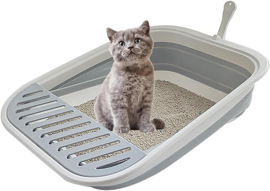 Collapsible Kitten Litter Box, 17.7 x 13.4 x 5 inch Open Cat Potty Pan with Scoop Foldable Shallow Cat Toilet Anti-Splashing Low Entrance Travel Litter Box with Falling Sand Pedal Grey