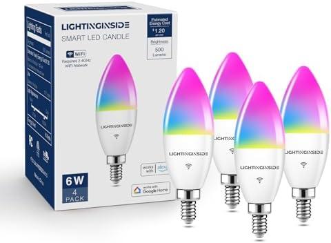 Lightinginside E12 Smart Light Bulbs 60W Equiv., Work with Alexa/Google Home/Smart Life, 500LM 6W RGBCW Candle Candelabra LED Light Bulbs, No Hub Required, 2.4G WiFi Bluetooth Bulb, ETL Listed, 3PCS