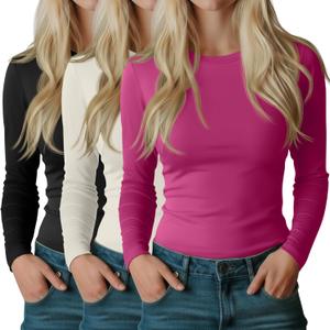 Riyiper 3 Pack Women's Long Sleeve Shirts Cotton Blend Crew Neck Slim Fit Tops Basic Layering Soft Casual Everyday Undershirt (Large, Rose Red, Cream White, Black)