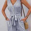 Sumtory Sleeveless Rompers for Women Summer Beach Romper Shorts Button Up V Neck Striped Linen Jumpsuit Navy S (S)