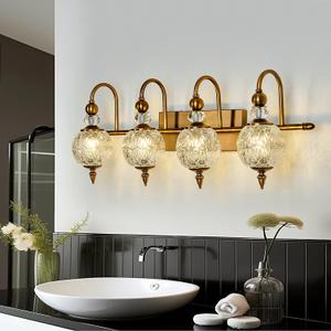 Vintage Bathroom Light Fixtures Gold Vanity Light with Glass Globe LampShade 4 Lights Brushed Brass G9 Bulb Wall Sconce Antique Indoor Vanity Light Over Mirror for Kitchen Bedroom Living Room