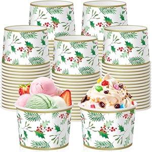 Sabary 60 Pcs 9 oz Christmas Paper Bowls Disposable Thanksgiving Snack Dessert Paper Cup Green Holly Leaf Cups Christmas Holiday Party Supplies for Hot or Cold Food
