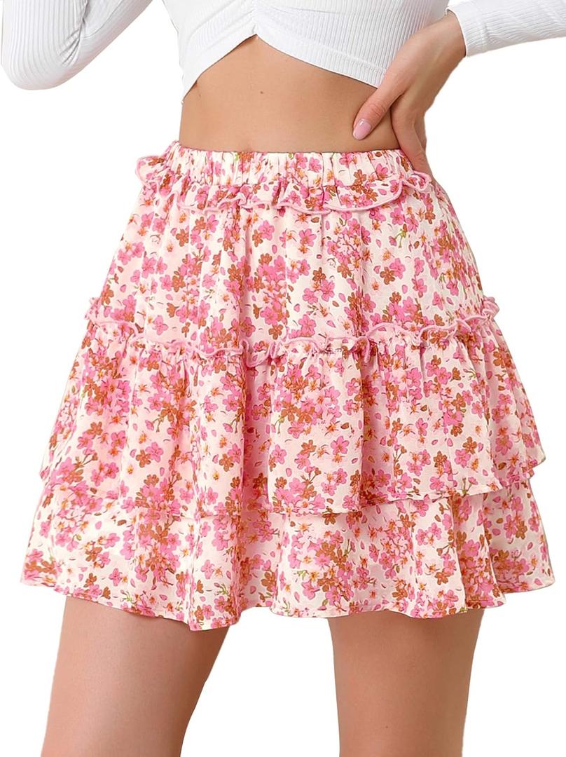 Allegra K Women's Layered Ruffle Hem Elastic Waist A-Line Skater Floral Mini Skirt, Size S