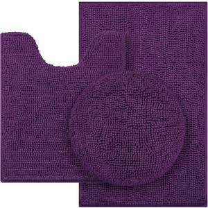 HOMEIDEAS 3 Pieces Dark Purple Bathroom Rugs Set, Ultra Soft Non Slip Bath Rug and Absorbent Chenille Bath Mat, Includes U-Shaped Contour Rug, Bath Mat and Toilet Lid Cover, Perfect for Bathroom Floor (20"x32"+U 20"x24"+Cover 18"x21")