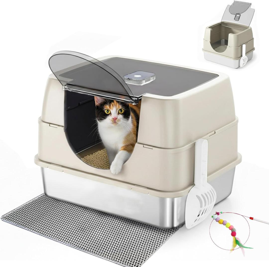 Enclosed Cat Litter Box with Flip-Top Lid, Stainless Steel Large Covered Litter Box, High Sided Metal Litter Pan with Litter Scoop & Mat, Odor Control, Leak Proof, Easy Cleaning, White