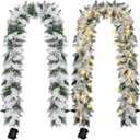 2 Pcs 9ft Pre Lit Snow Flocked Christmas Garland Cedar Garland with 100 Warm White LED Lights Battery Operated with Timer and 8 Functions Xmas Decorations Indoor Outdoor Front Door Decor