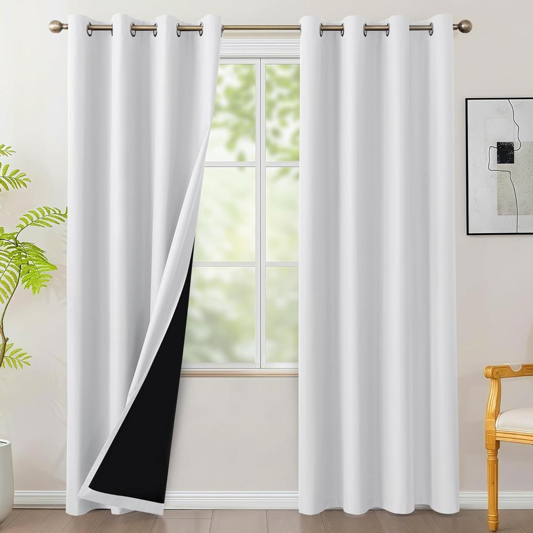 BONZER 100% Blackout Curtains 84 inches Long - 4 Panels Full Light Blocking White Window Drapes for Bedroom, Total Privacy Grommet Room Darkening Curtain with Black Backing for Living Room, Patio Door