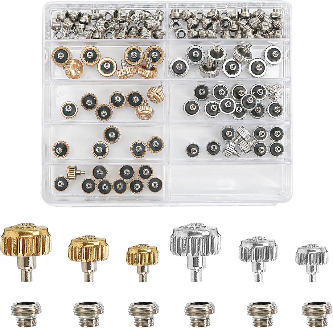 120PCS Watch Crown Replacement Fit for Rolex Calibre 3135 3235 3335, Waterproof Down Screw Copper Bronze Link Accessories Assortment Part Kit, Spare Repairing Removal Tool(Assorted Silver Gold)