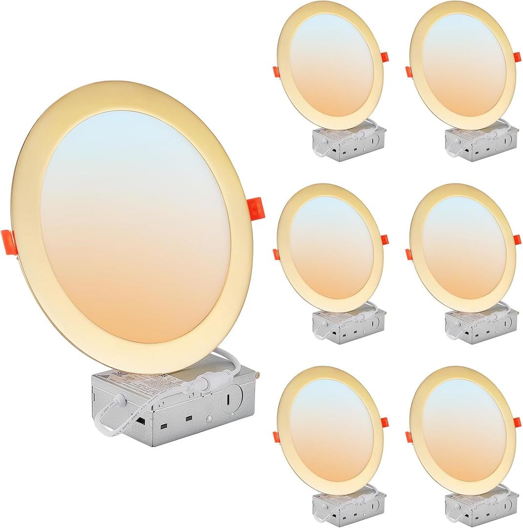 DLLT LED Recessed Ceiling Light: 6 Pack 8 Inch Slim Recessed Lighting for Kitchen - 5CCT Dimmable Canless Wafer Downlight for Living Room - 1800LM Brightness 6W LED Can Lights for Bedroom ETL FCC