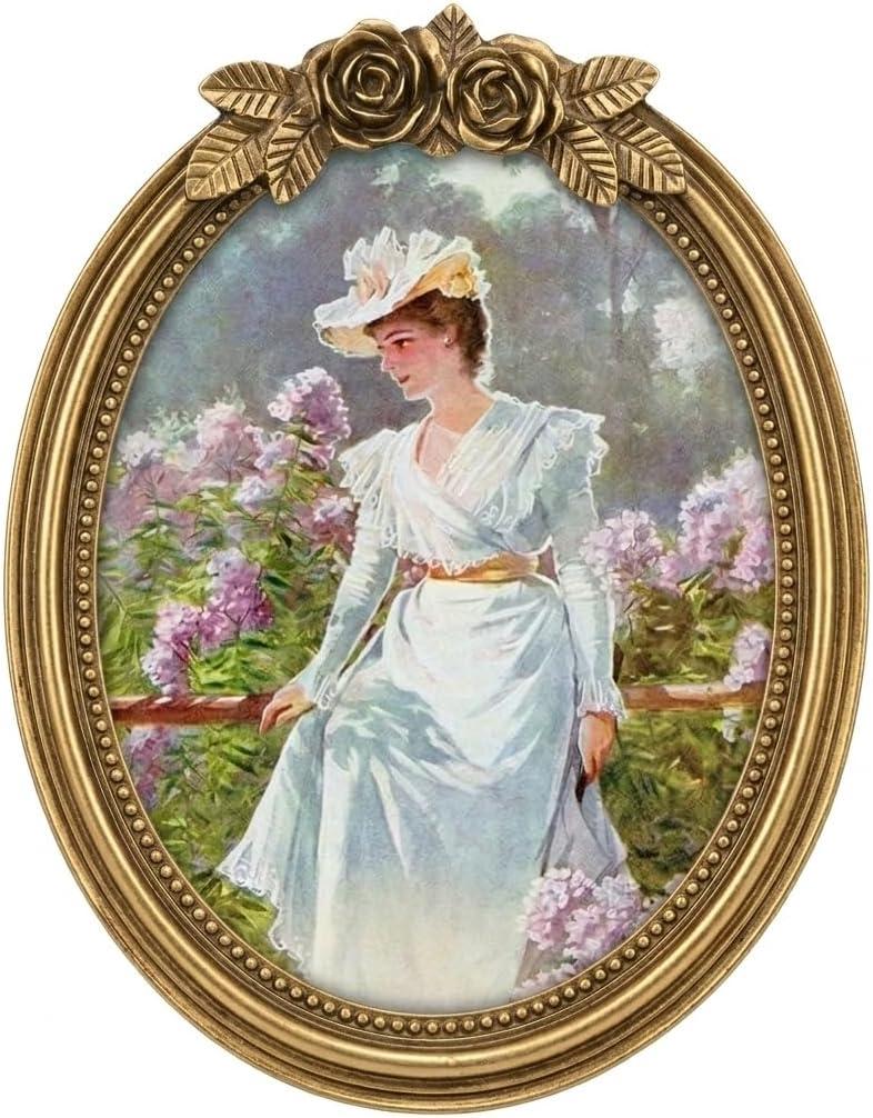 Vintage 5x7 Picture Frames Gold Oval Photo Frame Golden Gemstone with Glass Floral Antique Picture Frame for Tabletop Wall Hanging (6x8)