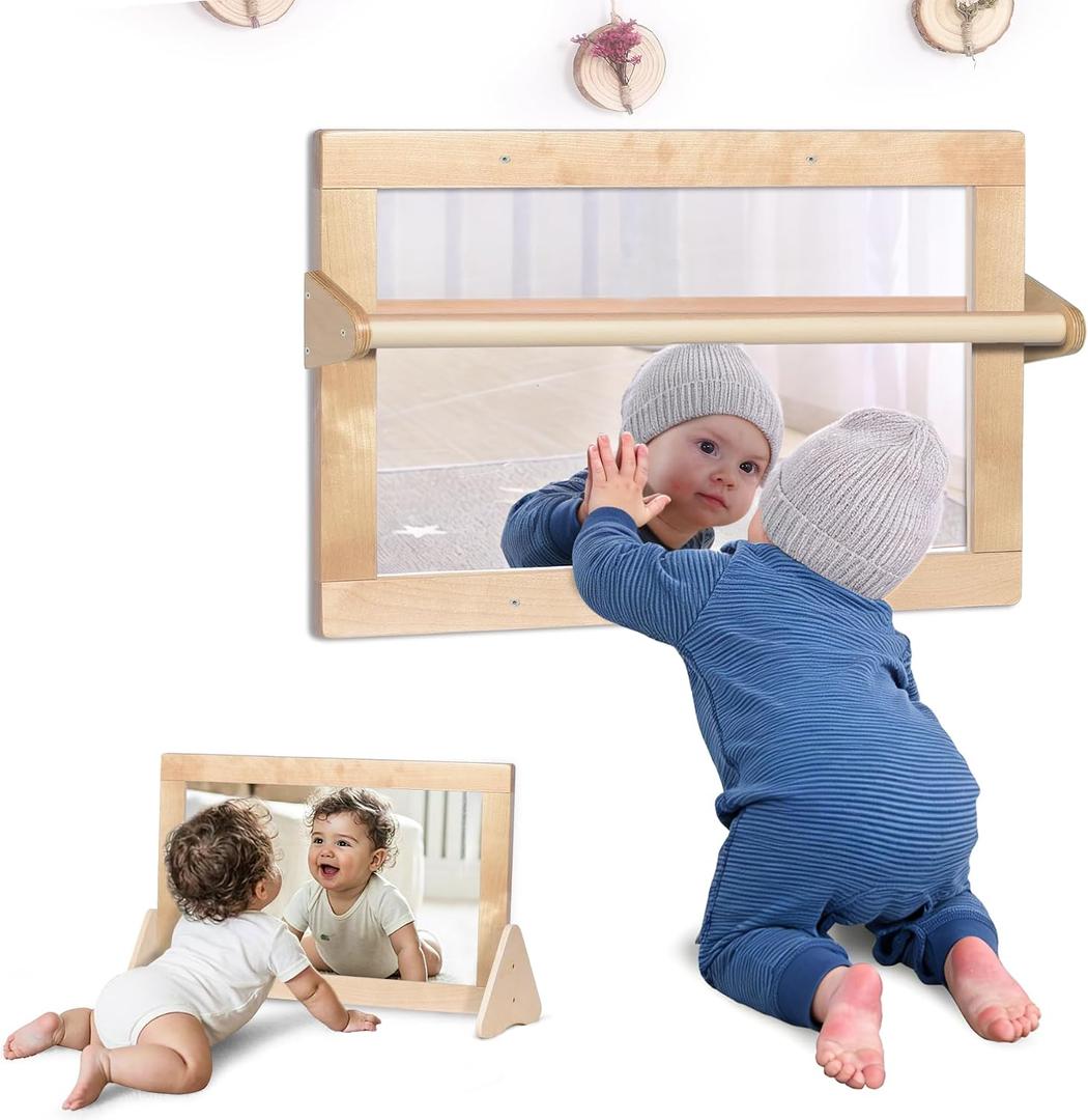 3-in-1 Baby Montessori Non-Shatter Sensory Mirror w/ 2 Pull Up Bars