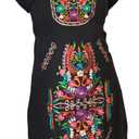 Authentic Mexican Embroidered Dress from Mexico womens vestidos bordados mexicanos huipil black colorful dress vestidos long traditional bordados Dress Short Sleeve (M, Black and Colors)