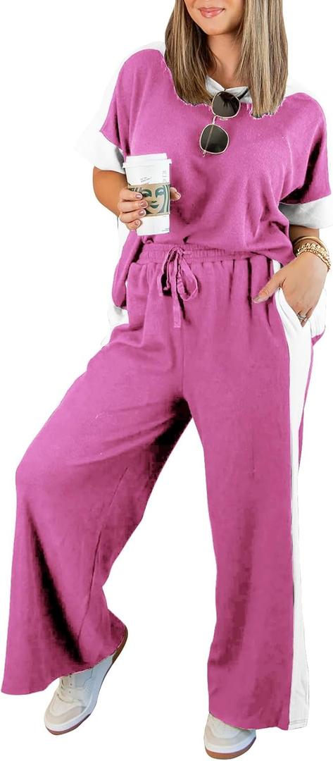 EXLURA Womens Summer 2 Piece Outfits Color Block Short Sleeve Tops Tracksuit Wide Leg Pants Matching Set Lounge Sets 2025 (Brown)