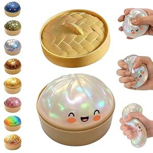 Glitter Dumpling Squishy, Dumpling Squishies, Glitter Dumpling Mystery Box, Colorful Dumpling Stress Balls Fidget, Jumbo Squishy Toy with Steamer Box Suitable for Adult use in Offices (Glitter White)