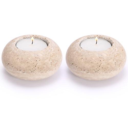 OwnMy 2PCS Travertine Tealight Candle Holders Decorative Stone Candle Holders Set, Elegant Travertine Votive Candle Stands for Dining Table Centerpieces Wedding Home Decors, 2.9" Dia x 1.5" H